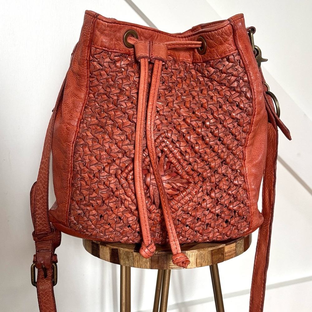 FRYE AND CO. Woven Leather Crossbody Bag in Distressed Cognac